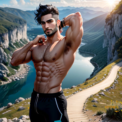 a man with a beard and no shirt on talking on a cell phone in front of a mountain landscape