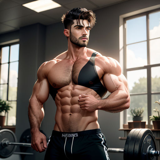 a man with a muscular body and a black bra top is posing for a picture in a gym with a barbell