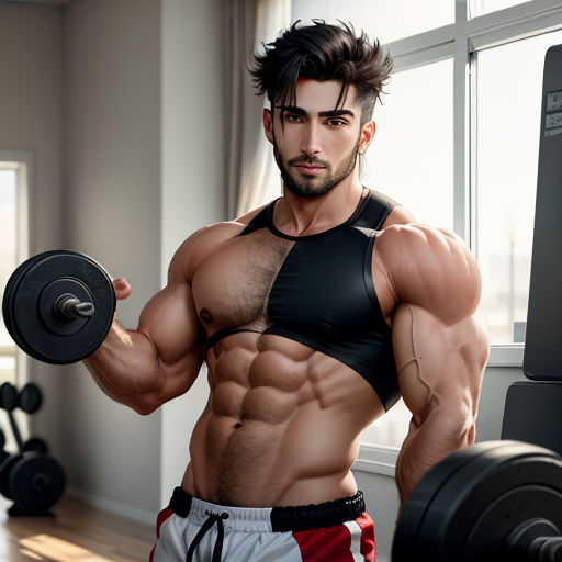 a man with a muscular body holding a dumbbell in a gym room with a window behind him and a barbell in his hand
