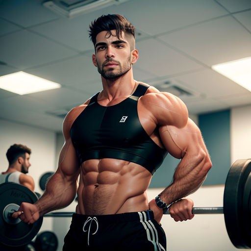 a man with a muscular body is holding a barbell in a gym room with other men in the background