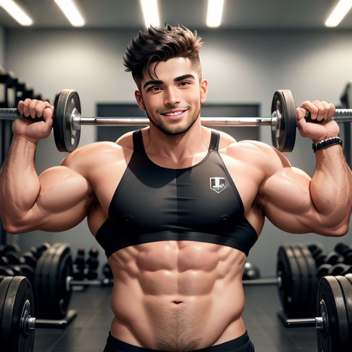 a man is posing for a picture with a barbell in his hands and a weight machine behind him