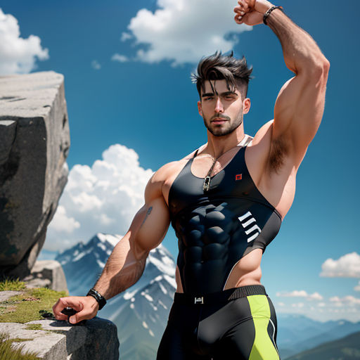 a man with a muscular body standing on a mountain top with his arm up in the air and his arm raised