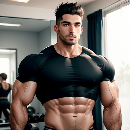 a man with a muscular body in a gym setting with a mirror behind him and a woman in the background