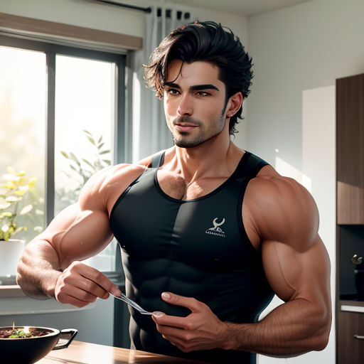 a man is holding a fork and a bowl of food in his hands and posing for a picture in the kitchen