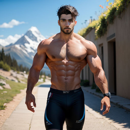 a man with a muscular body is walking down a sidewalk with his hands on his hips and a mountain in the background