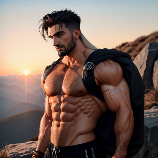 a man with a goatee and a backpack on a mountain top at sunset with a sun in the background
