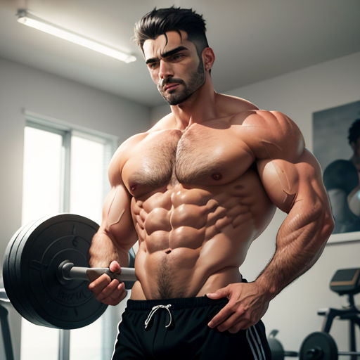 a man with a muscular body holding a barbell in a gym room with a window behind him and a man in the background