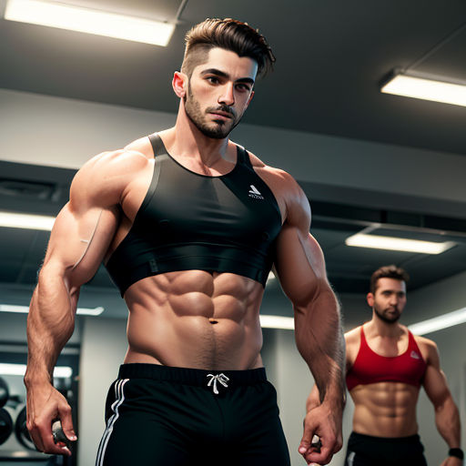 a man with a muscular body standing in a gym with another man in the background holding a dumbbell