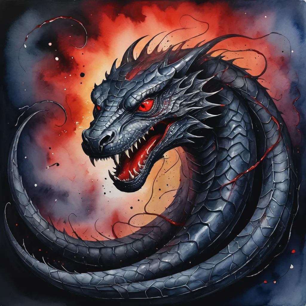 a painting of a dragon with red eyes and a black body with red eyes and a black tail with red eyes, fantasy art, an airbrush painting, Dan Mumford, dragon art