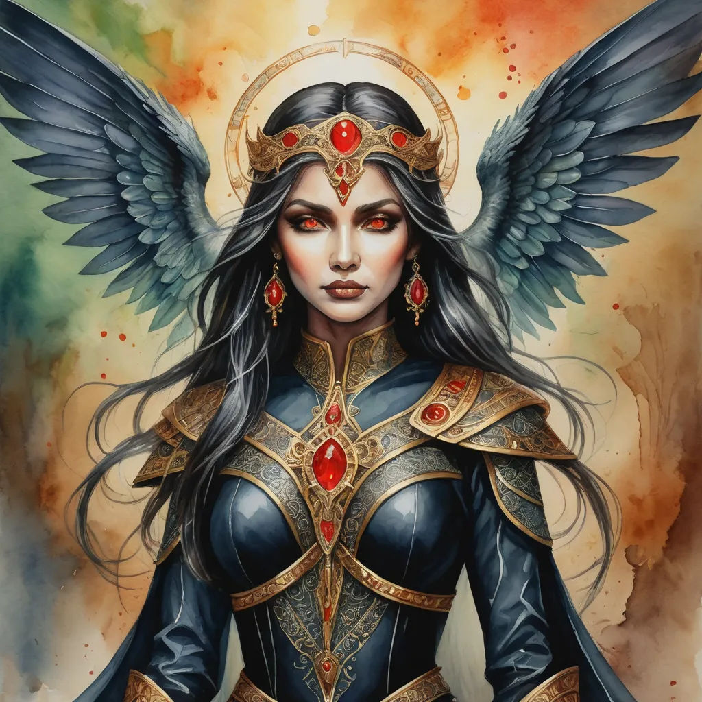a painting of a woman with wings and a halo around her head, wearing a black outfit with red jewels, gothic art, a detailed painting, Anne Stokes, dark fantasy art