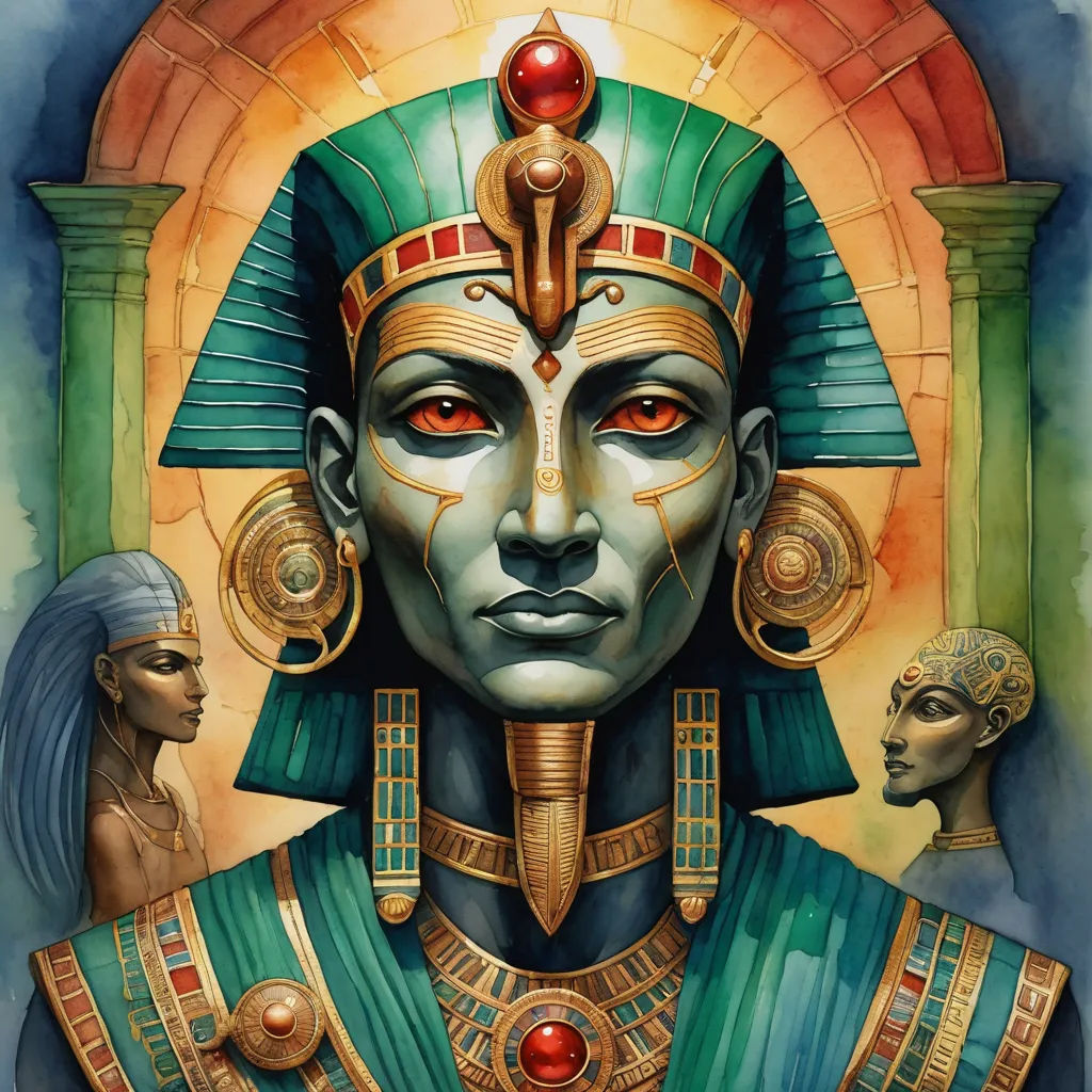 a painting of a pharaoh with two women in front of him and the man behind him is wearing a green and gold costume, fantasy art, egyptian art, Donato Giancola, epic fantasy character art