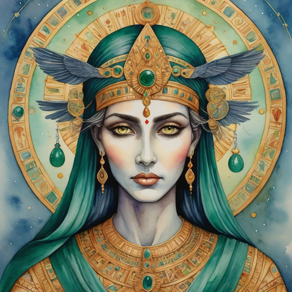 a painting of a woman with green hair and a gold crown on her head and a blue sky background, fantasy art, a detailed painting, Donato Giancola, goddess