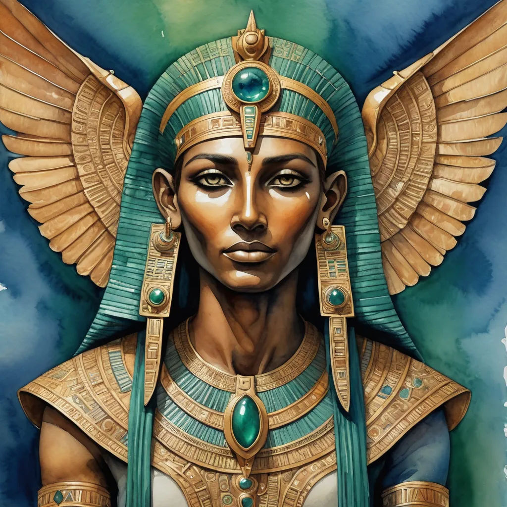a painting of an egyptian woman with a green headdress and gold jewelry on her face and shoulders, fantasy art, egyptian art, Donato Giancola, highly detailed digital painting