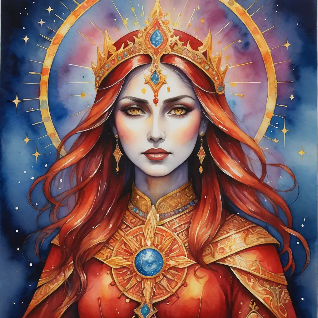a painting of a woman with red hair and a crown on her head, wearing a red dress and gold jewelry, fantasy art, a detailed painting, Amanda Sage, regal