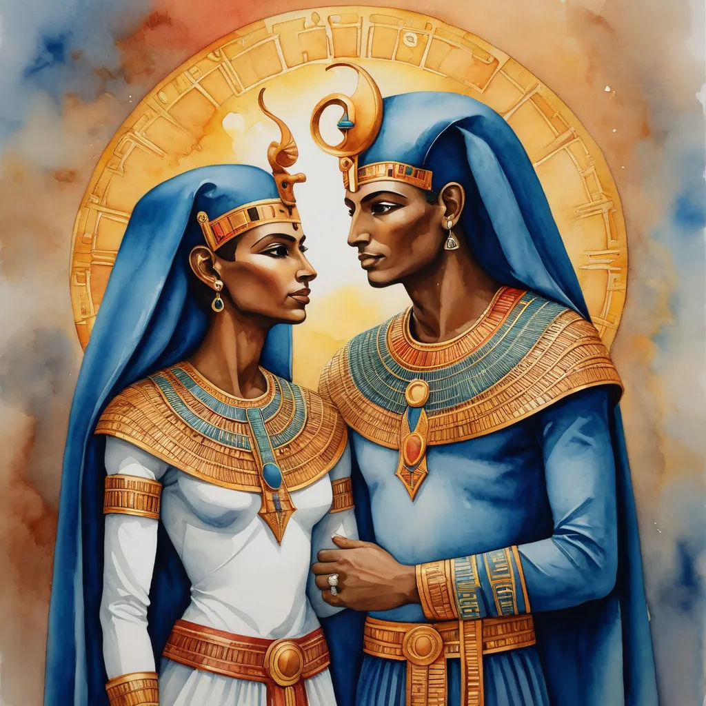 a painting of two egyptian women in blue and gold costumes, one of which is holding a golden sun, afrofuturism, egyptian art, Ann Thetis Blacker, divinity