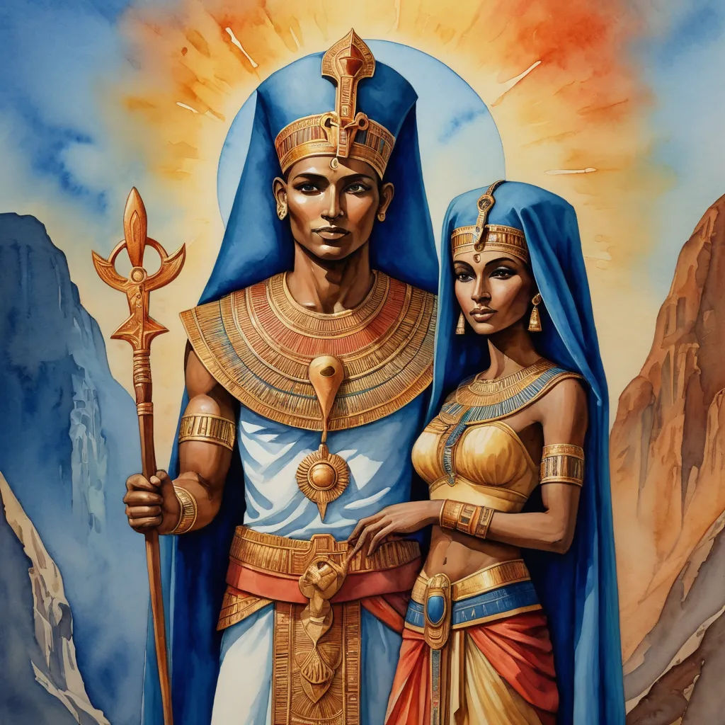 a painting of a man and woman dressed in egyptian clothing and holding a sword and a cross in their hands, afrofuturism, egyptian art, A.D.M. Cooper, dark fantasy art