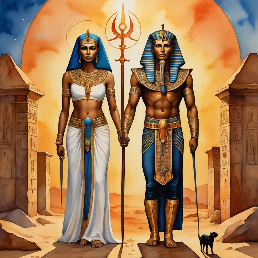 a painting of two egyptian men and a dog standing in front of a sunset with a sun in the background, afrofuturism, egyptian art, Anne Stokes, dark fantasy art