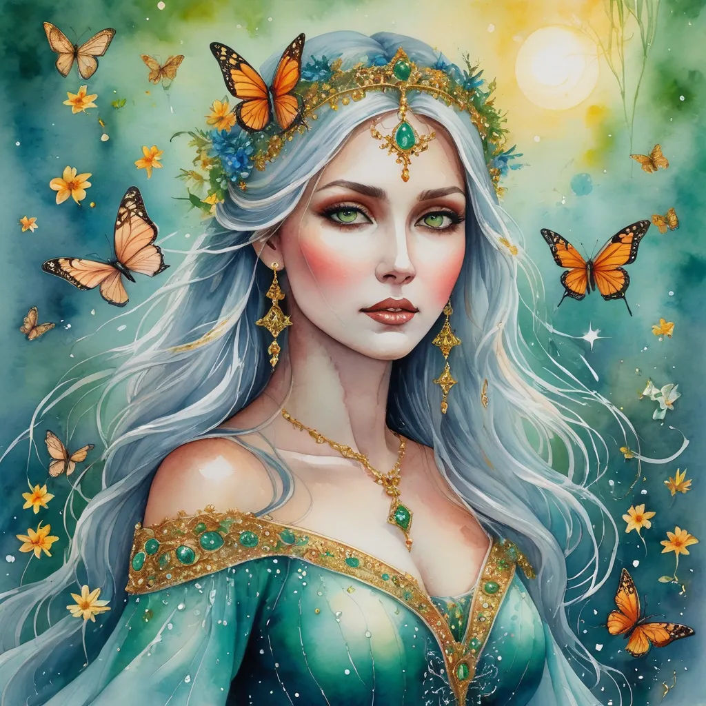a painting of a woman with blue hair and butterflies around her head and a butterfly in her hair, wearing a tiara, fantasy art, a detailed painting, Anne Stokes, fantasy artwork