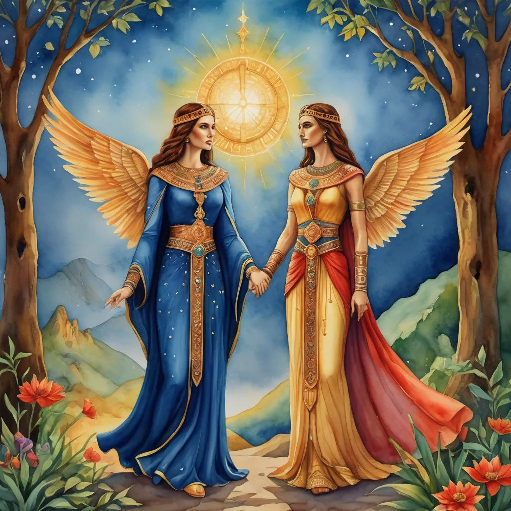 two angels holding hands in a forest with a sun above them and a tree with flowers in the foreground, fantasy art, a detailed painting, Evelyn De Morgan, fantasy artwork