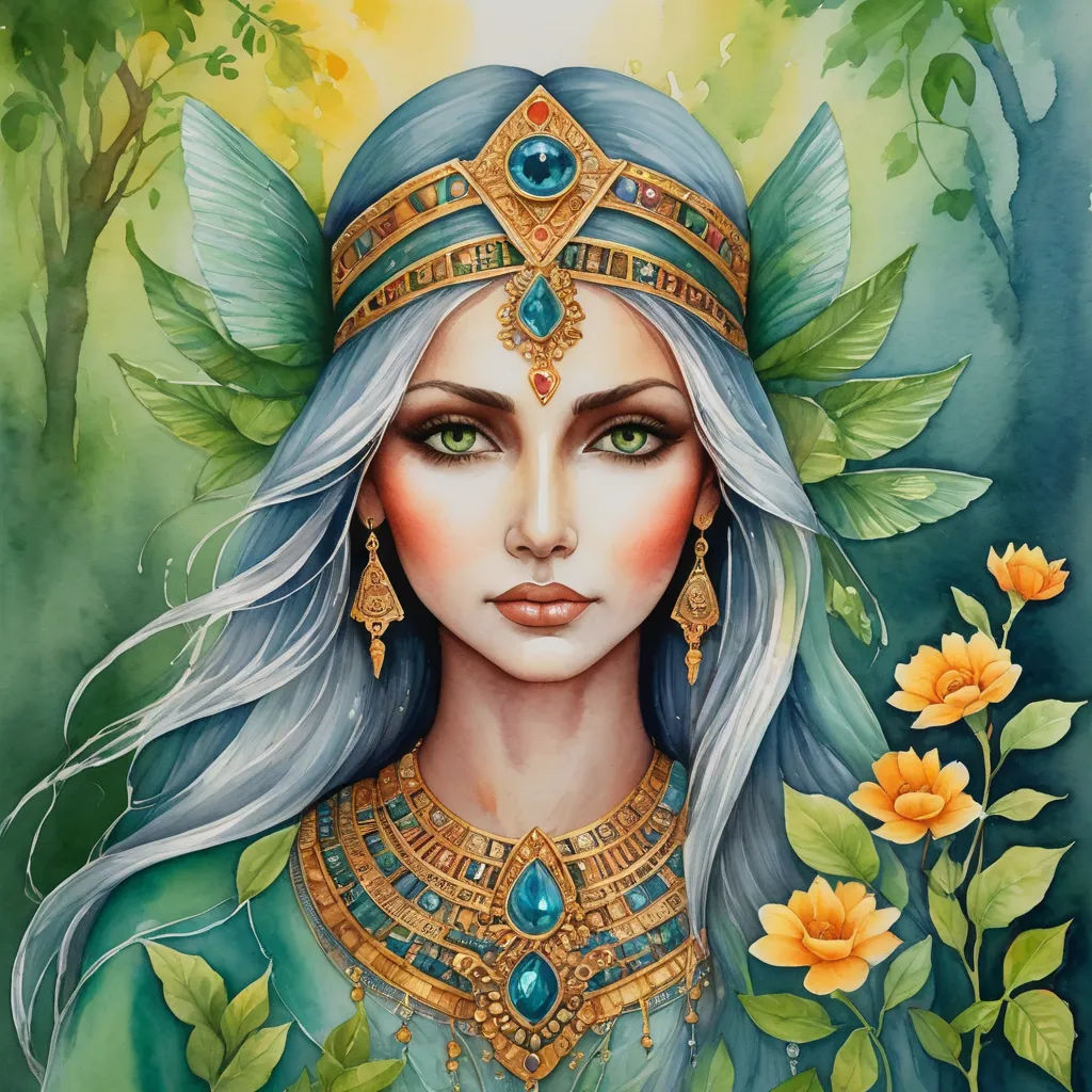 a painting of a woman with blue hair and green eyes and a gold headpiece with jewels and leaves, fantasy art, a detailed painting, Amanda Sage, fantasy artwork