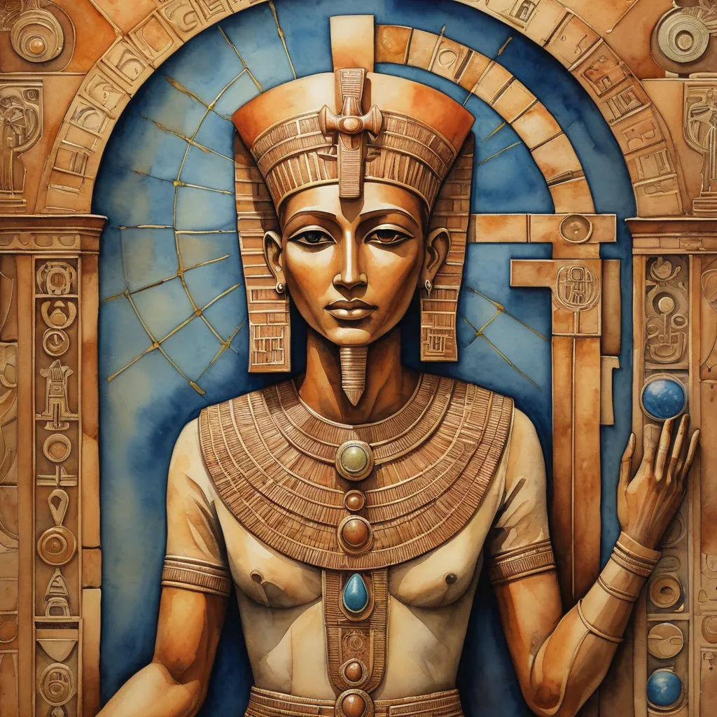 a painting of a egyptian woman holding a ball in her hand and a doorway in the background with a blue sky, metaphysical painting, egyptian art, Alex Grey, highly detailed oil painting