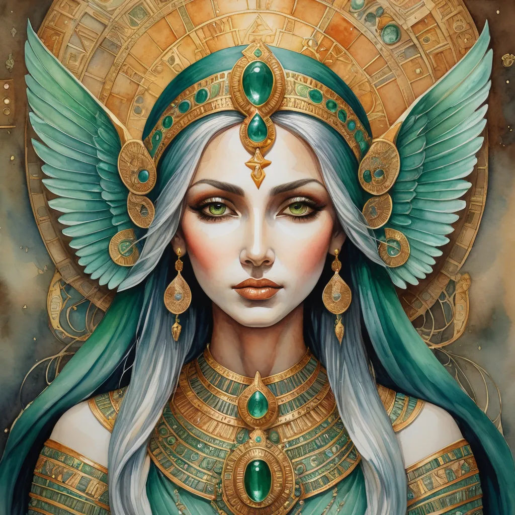a painting of a woman with green hair and gold jewelry and a green halo around her head and eyes, fantasy art, a detailed painting, Amanda Sage, highly detailed digital painting