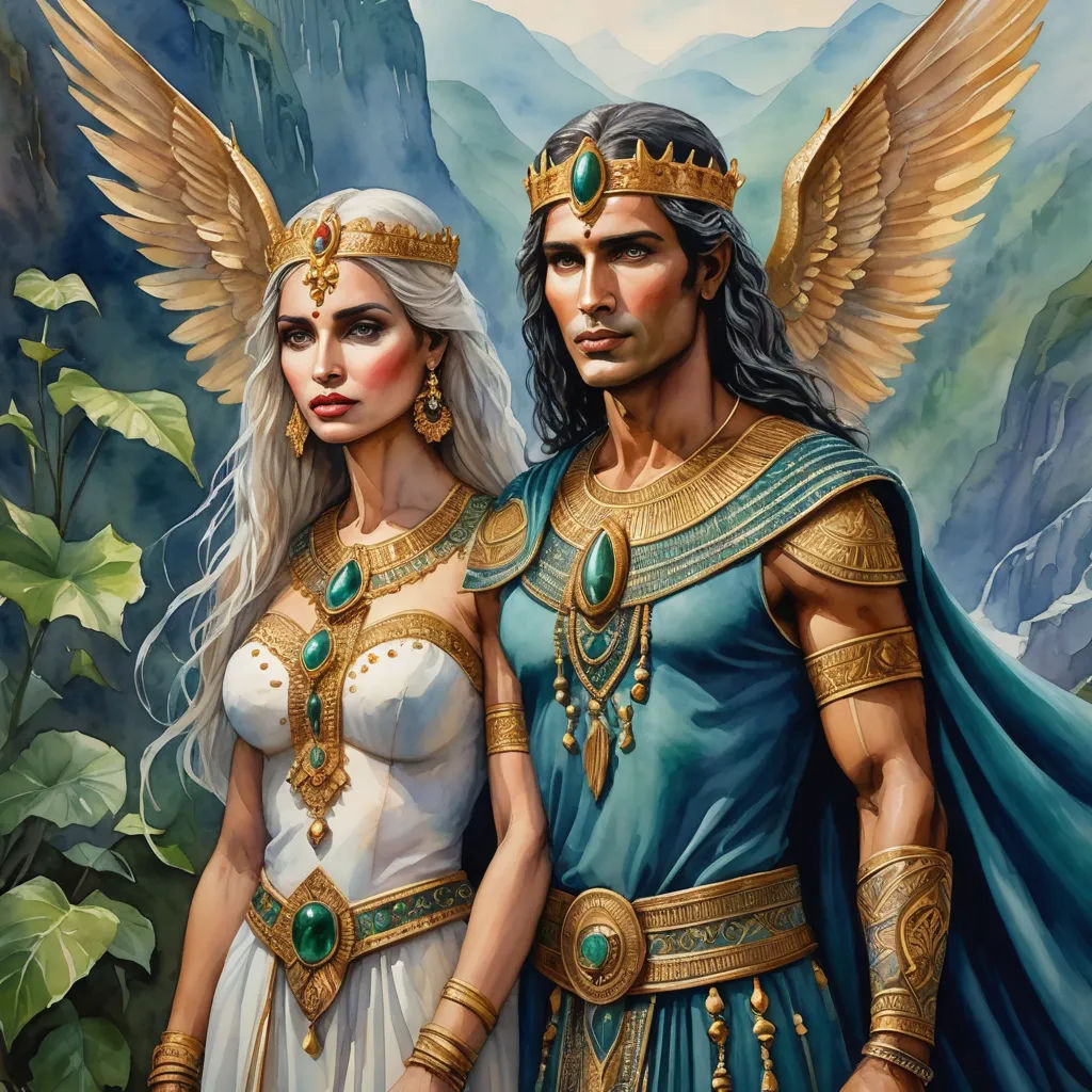 a painting of two people dressed in ancient clothing and gold jewelry, standing next to each other in front of a mountain, fantasy art, a detailed painting, Anne Stokes, fantasy artwork