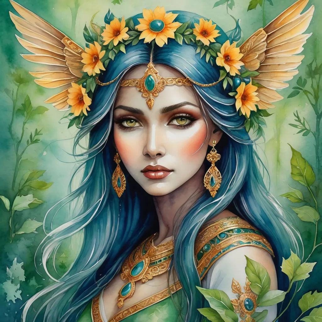 a painting of a woman with blue hair and sunflowers on her head and wings on her head, fantasy art, a detailed painting, Anne Stokes, highly detailed digital painting
