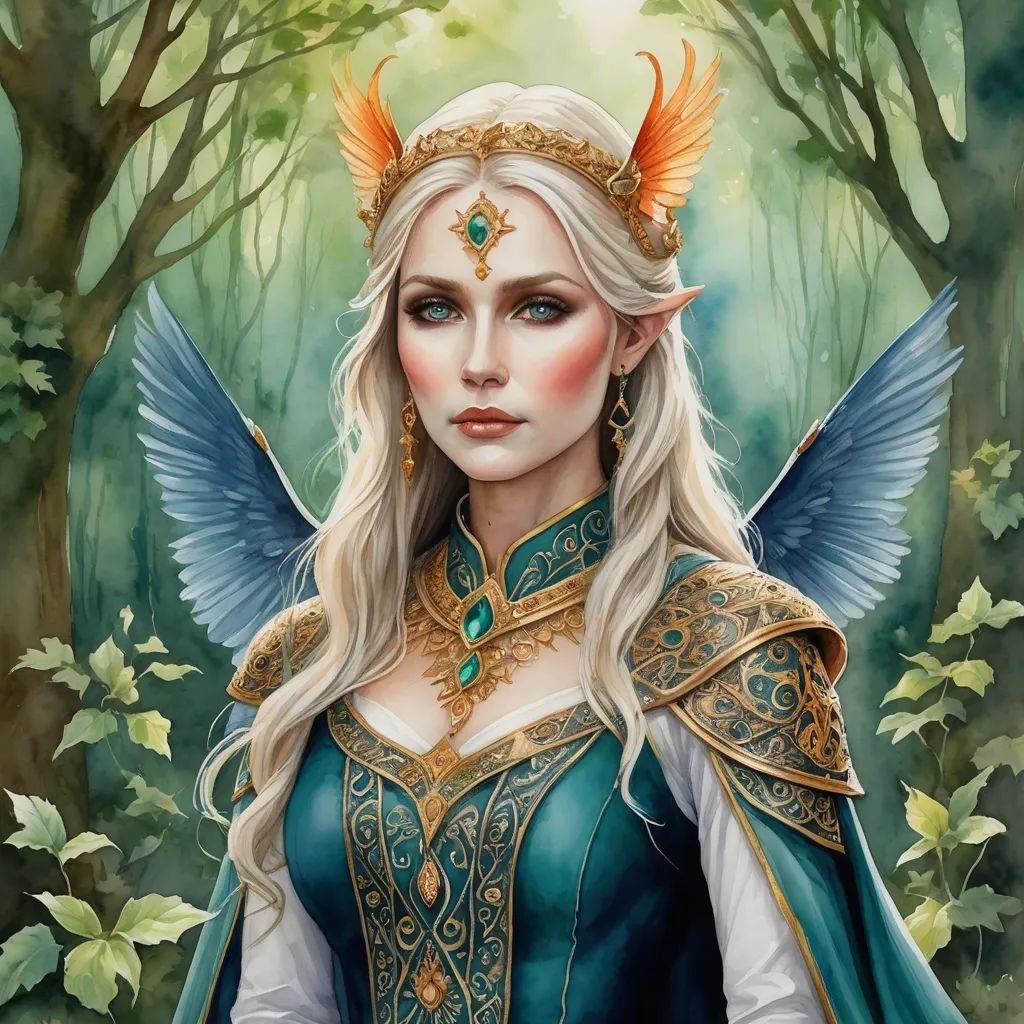 a painting of a woman in a green dress with wings and a tiara on her head and a forest background, fantasy art, a detailed painting, Anne Stokes, fantasy artwork