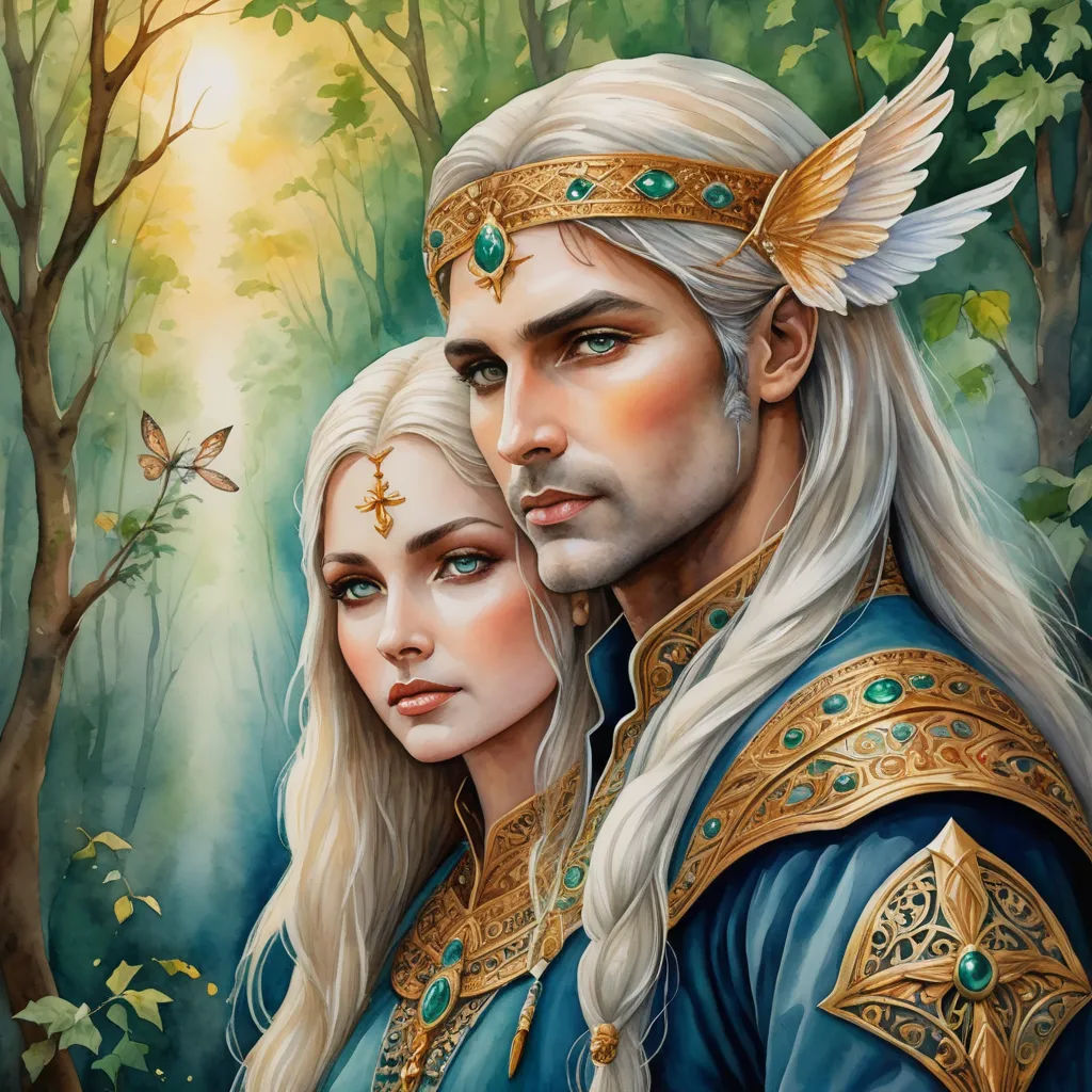 a painting of a man and woman in a forest with trees and butterflies in the background, with a butterfly on their forehead, fantasy art, a detailed painting, Brian and Wendy Froud, fantasy artwork