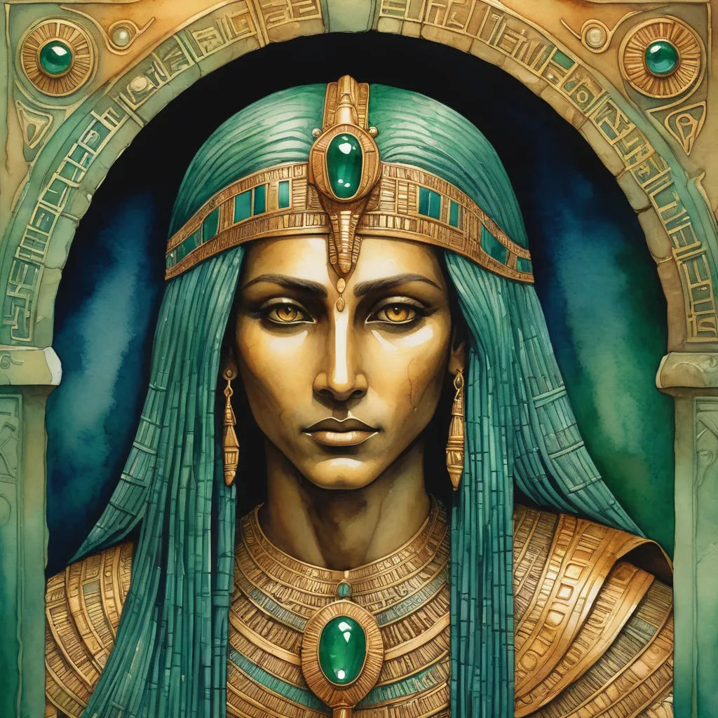 a painting of a woman with a green headdress and a gold necklace and earrings on her head, fantasy art, egyptian art, Donato Giancola, highly detailed digital painting