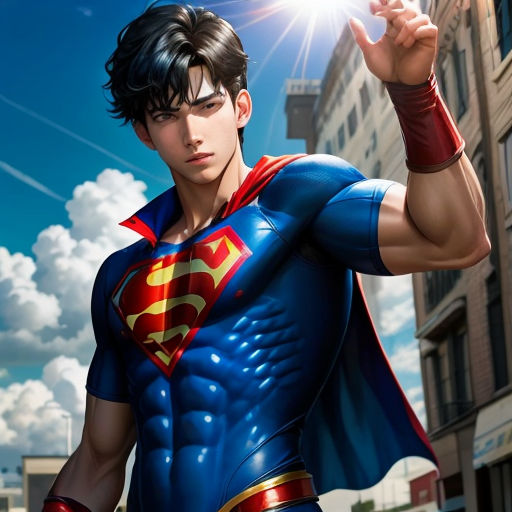 a man in a superman suit is holding a light up hand in the air with a city background and a blue sky