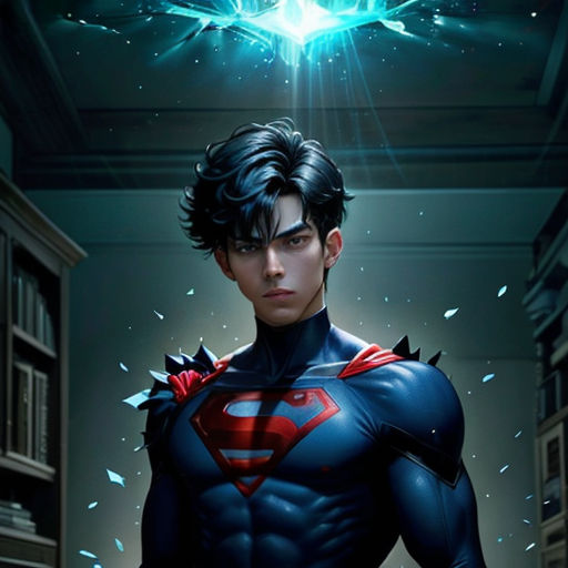 a man in a superman suit standing in a hallway with a light above his head and a star above his head