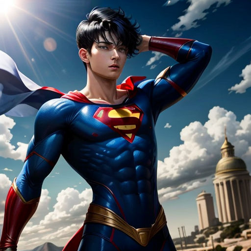 a man in a superman suit standing in front of a building with a flag on it's chest