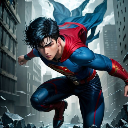 a man in a superman suit is running through a city street with a broken wall and a broken building