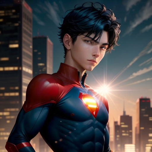 a man in a superman suit standing in front of a city skyline at night with his hands on his hips