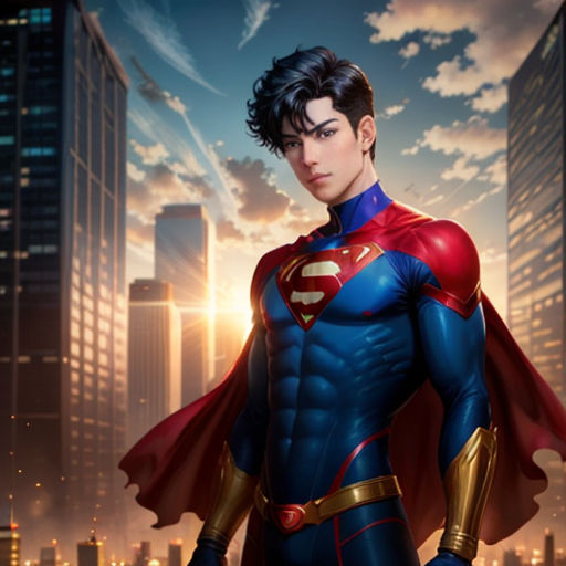 a man in a superman suit standing in front of a city skyline at night with his hands on his hips