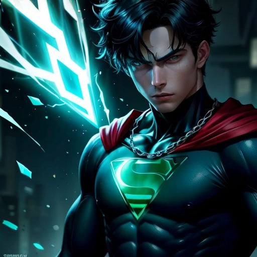 a man in a superman suit with a green light on his chest and a chain around his neck, with a lightning bolt in the background