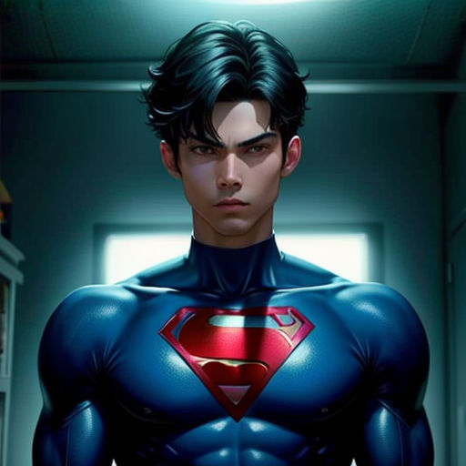a man in a superman suit standing in a hallway with a light on his head and a light on his chest
