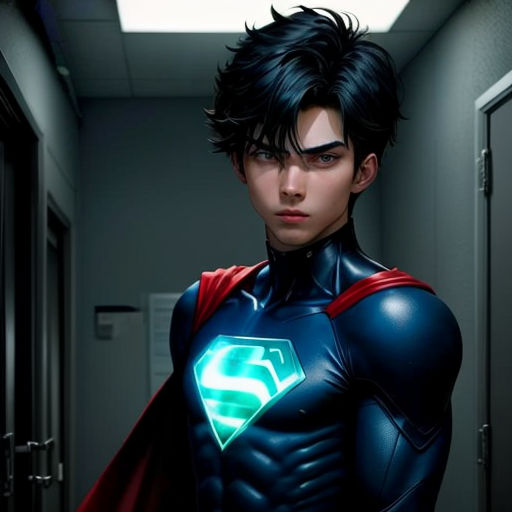 a man in a superman suit standing in a hallway with a red cape on his chest and a green light on his chest