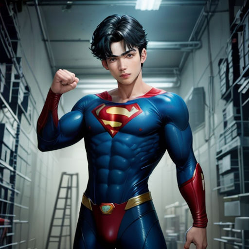 a man in a superman suit standing in a room with shelves of files and ladders behind him, with a ladder in the background