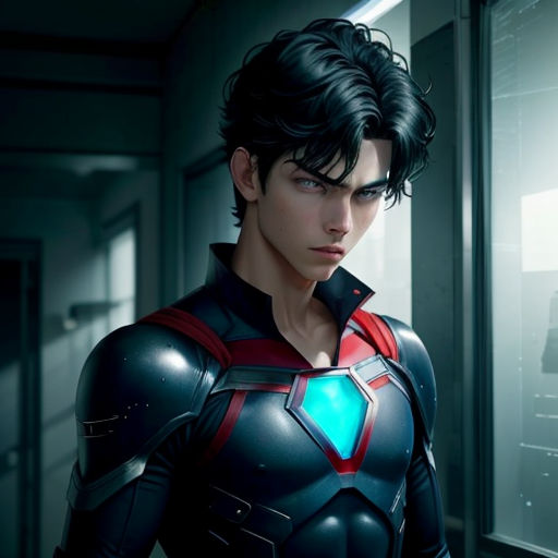 a man in a futuristic suit standing in a hallway with a window behind him and a light shining on his chest