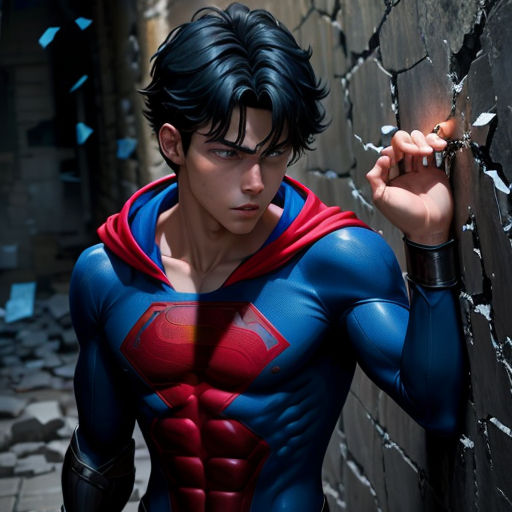 a man in a superman suit is holding a cigarette and looking at something on the wall behind him is broken glass
