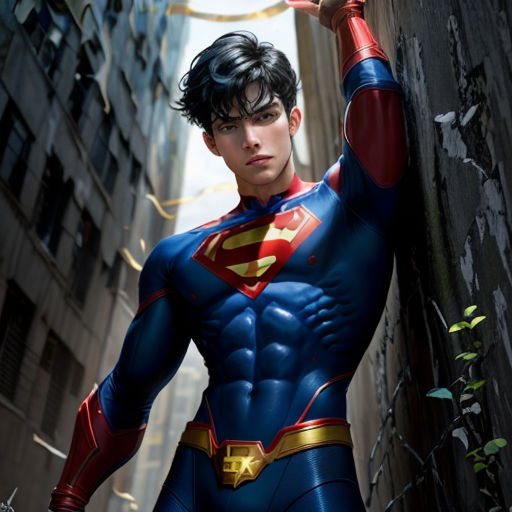 a man in a superman suit is standing in a alley way with his hand up to his head and his arm up
