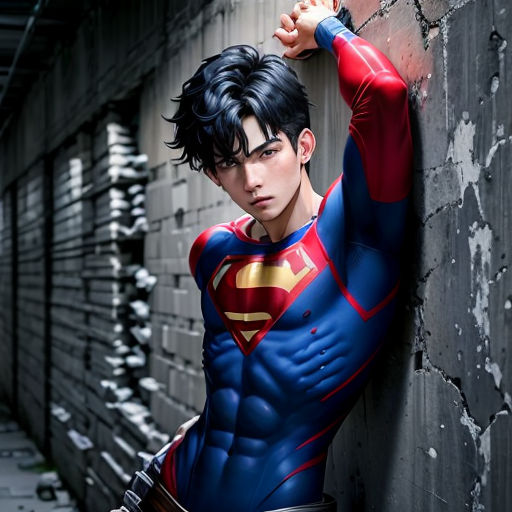 a man in a superman costume leaning against a wall with his arm on his head and his hand on his head