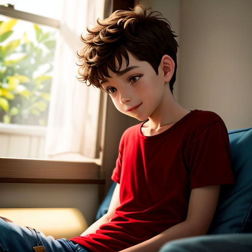 a young boy sitting on a blue chair in front of a window with a red shirt on and a red shirt on