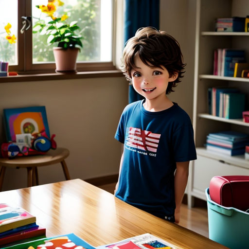 a young boy standing in front of a table with books on it and a potted plant in the background