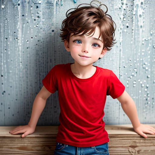 a young boy standing on a wooden bench in front of a rain covered wall with rain drops on it