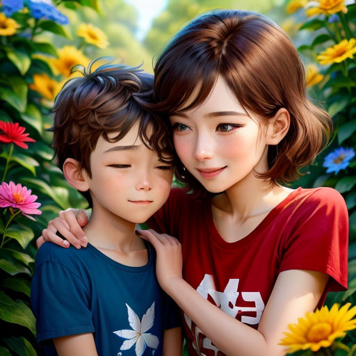 a painting of two children in a field of flowers with their arms around each other, one of them is hugging the other