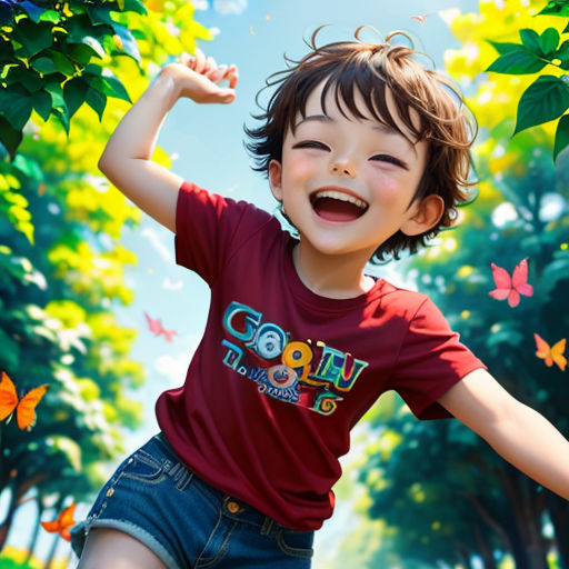 a young boy is smiling and jumping in the air with his arms up in the air, with a butterfly background